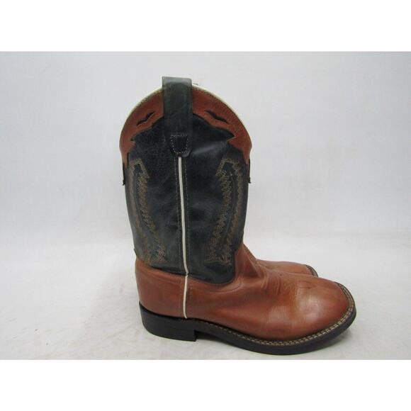 Old West Youth Size 3 D Blue Brown Leather Cowboy Western Boots - Picture 3 of 11